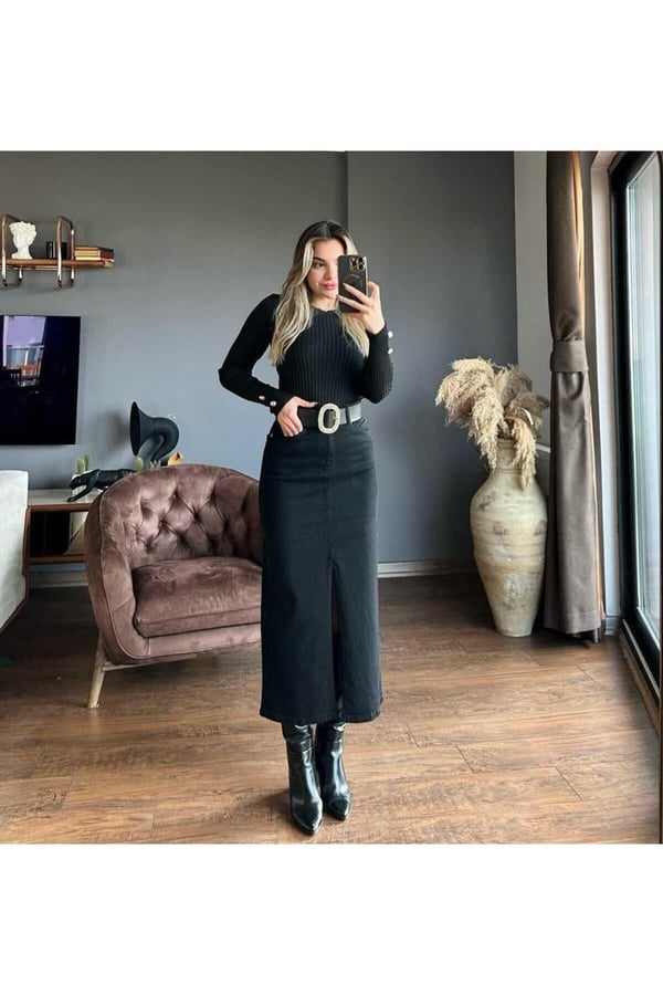 Zr Model Yırtmaç Detaylı Siyah Kot Etek