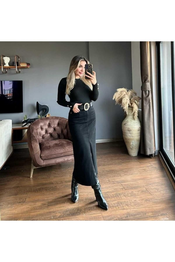 Zr Model Yırtmaç Detaylı Siyah Kot Etek