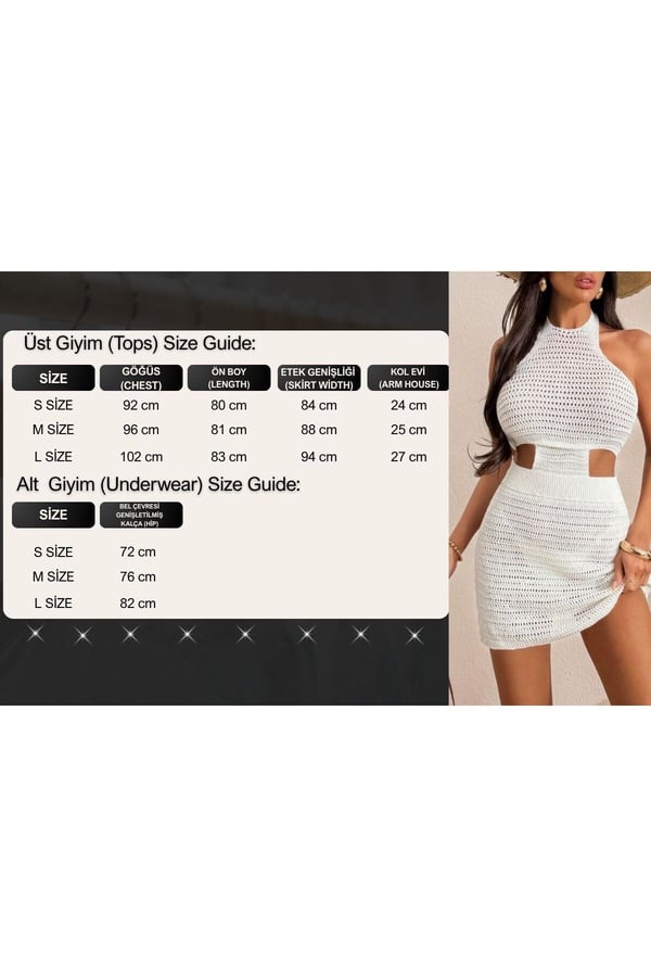 Kadın Triko Tığ İşi Marakesh Plaj Mini Etekli Boyundan Bağlamalı Büstiyer takım