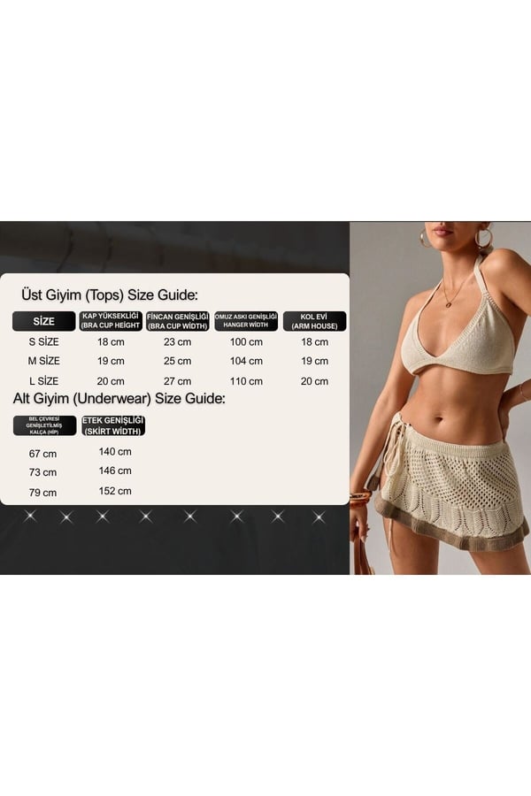 Kadın Yaz Plaj Tatili İçin Tığ İşi Örtbas Bikini Üst ve Yan Bağlama İpli Mini Etek