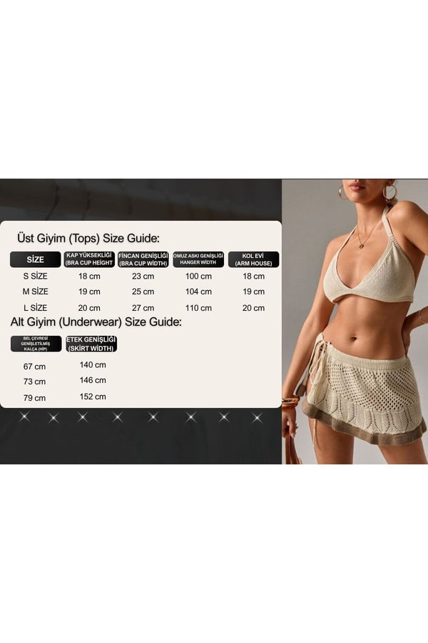 Kadın Yaz Plaj Tatili İçin Tığ İşi Örtbas Bikini Üst ve Yan Bağlama İpli Mini Etek