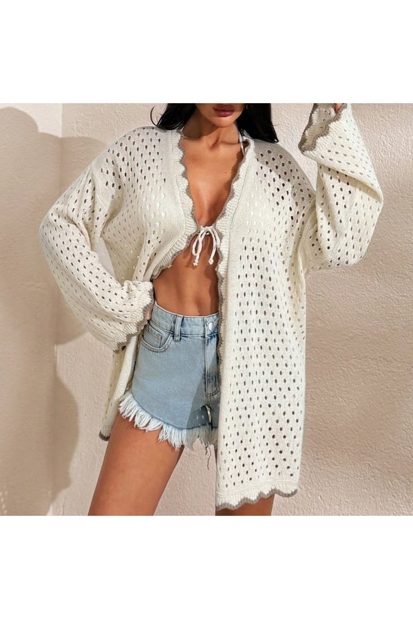 Kadın Yaz Tatil Plaj Örgü Retro Ön Bağlamalı Bikini Üstü Kimono Ceket