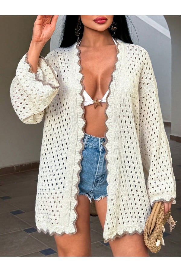 Kadın Yaz Tatil Plaj Örgü Retro Ön Bantlı Bikini Üstü Kimono Ceket