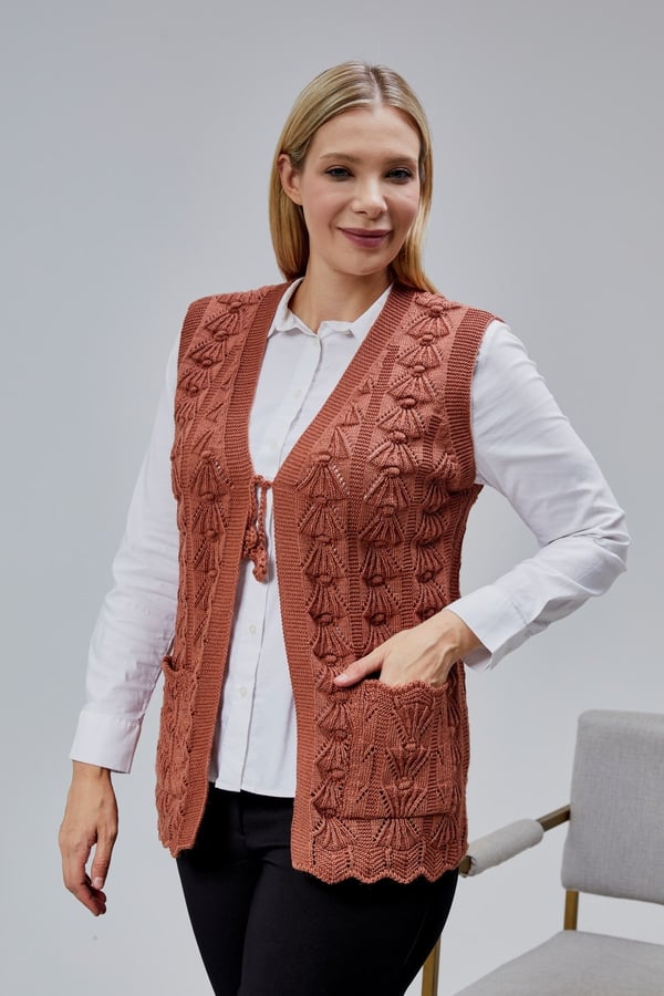 Kadın Yumoş Kazayağı Model Kalın Kışlık Özel Örgü Cepli Triko Anne Yelek