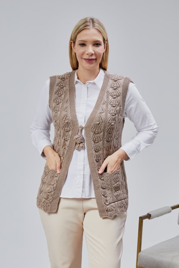 Kadın Yumoş Kazayağı Model Kalın Kışlık Özel Örgü Cepli Triko Anne Yelek