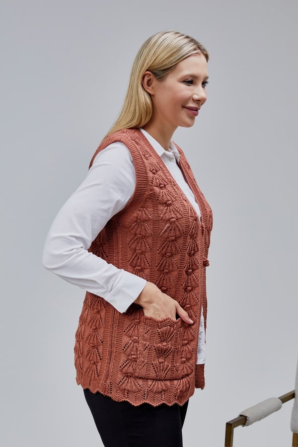 Kadın Yumoş Kazayağı Model Kalın Kışlık Özel Örgü Cepli Triko Anne Yelek