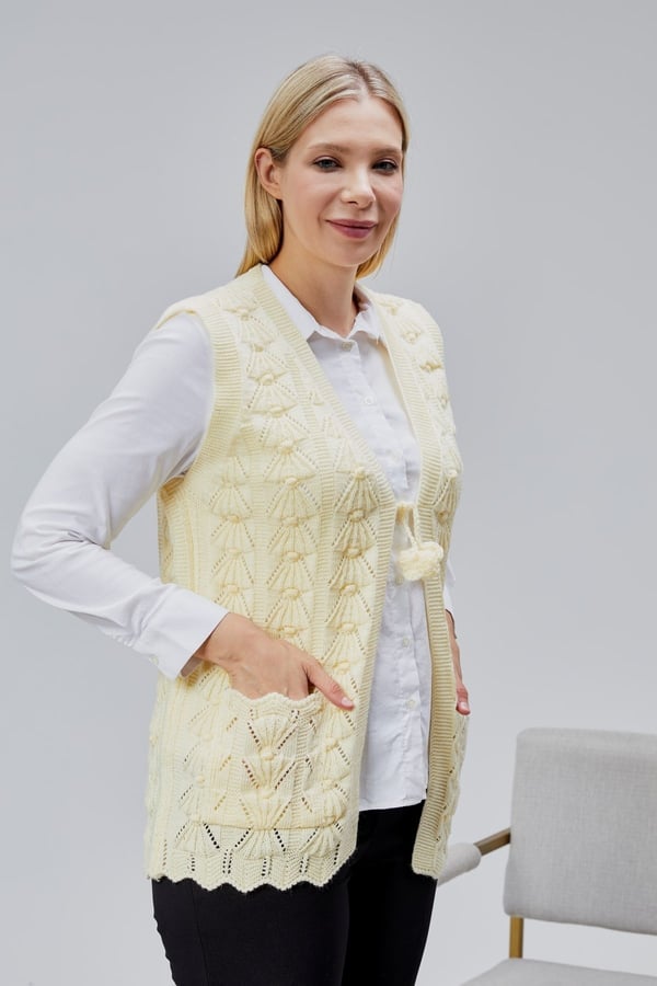 Kadın Yumoş Kazayağı Model Kalın Kışlık Özel Örgü Cepli Triko Anne Yelek