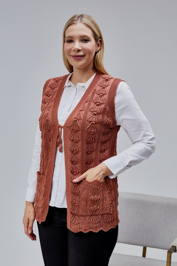 Kadın Yumoş Kazayağı Model Kalın Kışlık Özel Örgü Cepli Triko Anne Yelek