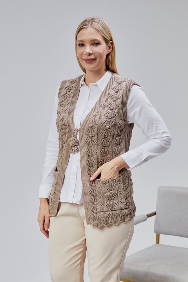 Kadın Yumoş Kazayağı Model Kalın Kışlık Özel Örgü Cepli Triko Anne Yelek