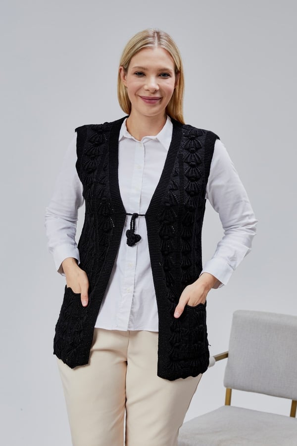 Kadın Yumoş Kazayağı Model Kalın Kışlık Özel Örgü Cepli Triko Anne Yelek