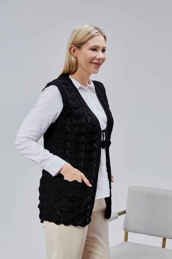 Kadın Yumoş Kazayağı Model Kalın Kışlık Özel Örgü Cepli Triko Anne Yelek