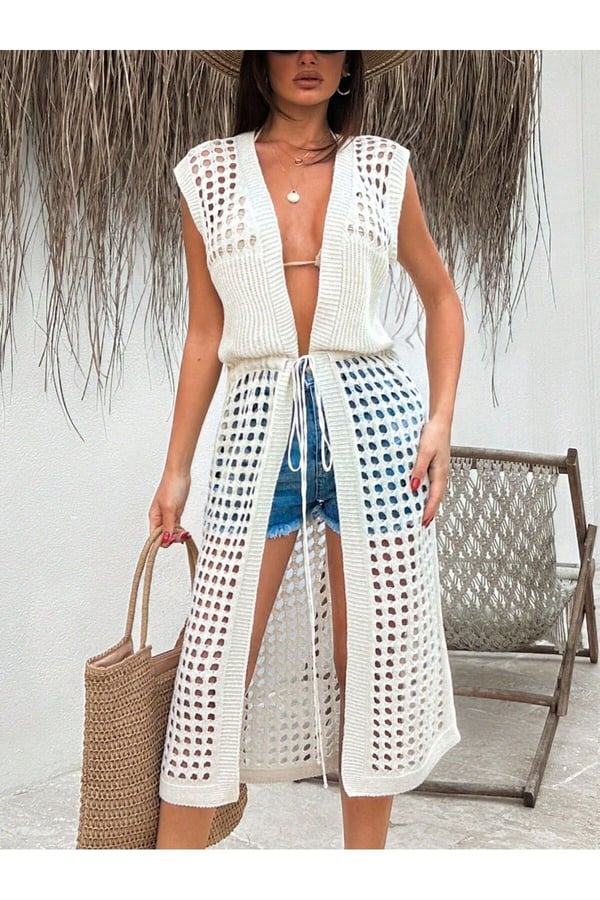 Kadınlar İçin Düz Renk Yazlık Casual Tatil Stili Kolsuz Delikli Ön Bağlamalı Uzun Hırka