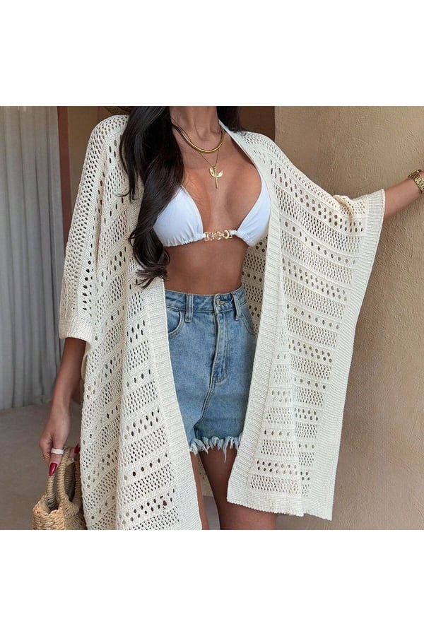 Kadınlar için plaj yaz tatil kimono, önü açık kolsuz düz örgü hırka