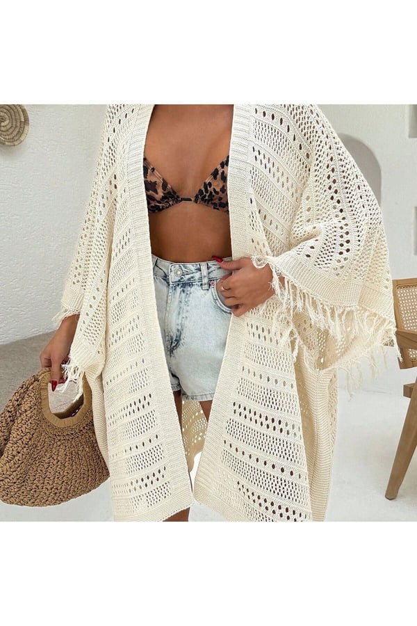 Kadınlar için plaj yaz tatil kimono, önü açık kısmında püskül detaylı örgü hırka