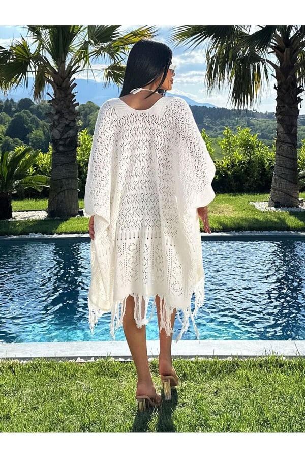 Yazlık Tığ İşi Kimono Kadın Plaj Pareo Püsküllü Hırka Ceket