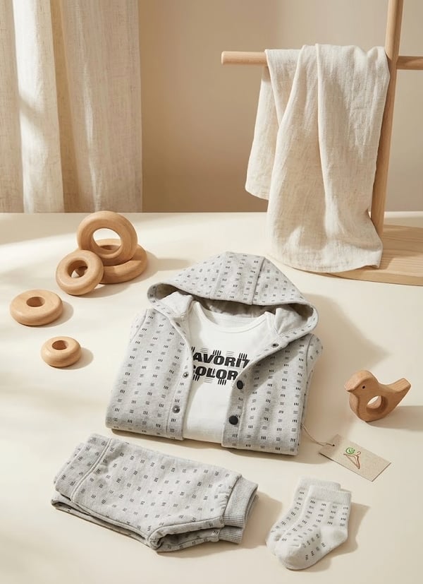 Bebek Kapüşonlu Fermuarlı Tulum Baskılı Body ve Pantolon 3'lü Set