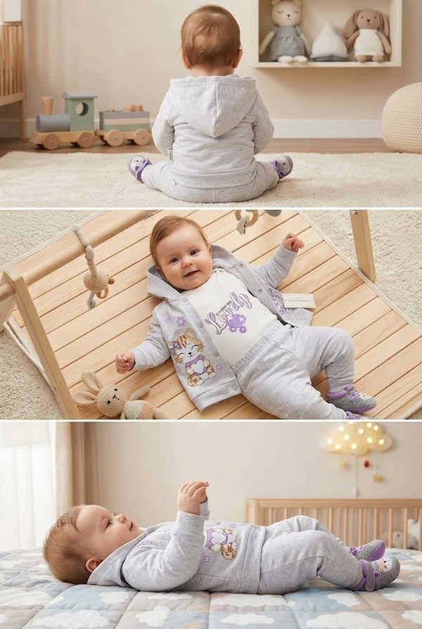 Bebek Kedi Baskılı Kapüşonlu Çıtçıtlı Hırka Body ve Pantolon 3'lü Takım