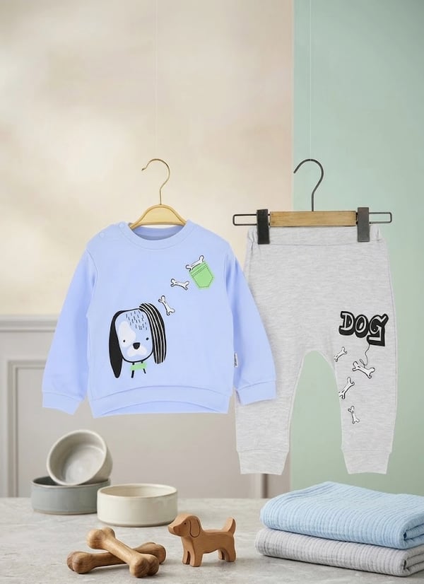 Erkek Bebek Köpek Baskılı ve Omuzdan Çıtçıtlı Sweatshirt Eşofman Takımı