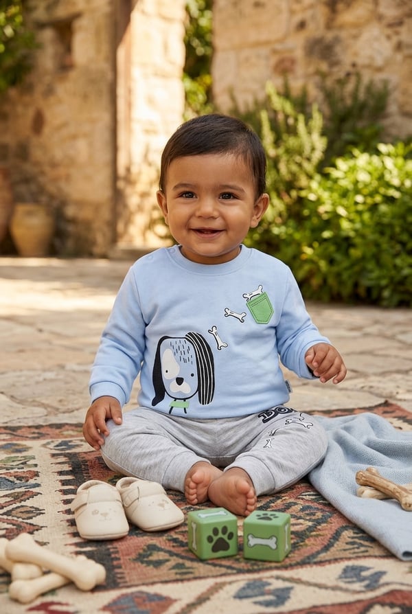 Erkek Bebek Takım Çıtçıtlı Köpek Baskılı