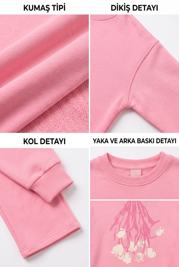 Kız Çocuk Çiçek Baskılı Sırt Detaylı Sweatshirt İkili Takım 2 İplik