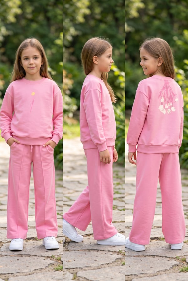 Kız Çocuk Çiçek Baskılı Sırt Detaylı Sweatshirt İkili Takım 2 İplik