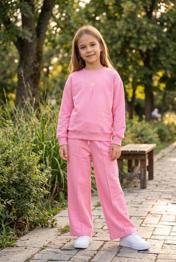 Kız Çocuk Çiçek Baskılı Sırt Detaylı Sweatshirt İkili Takım 2 İplik