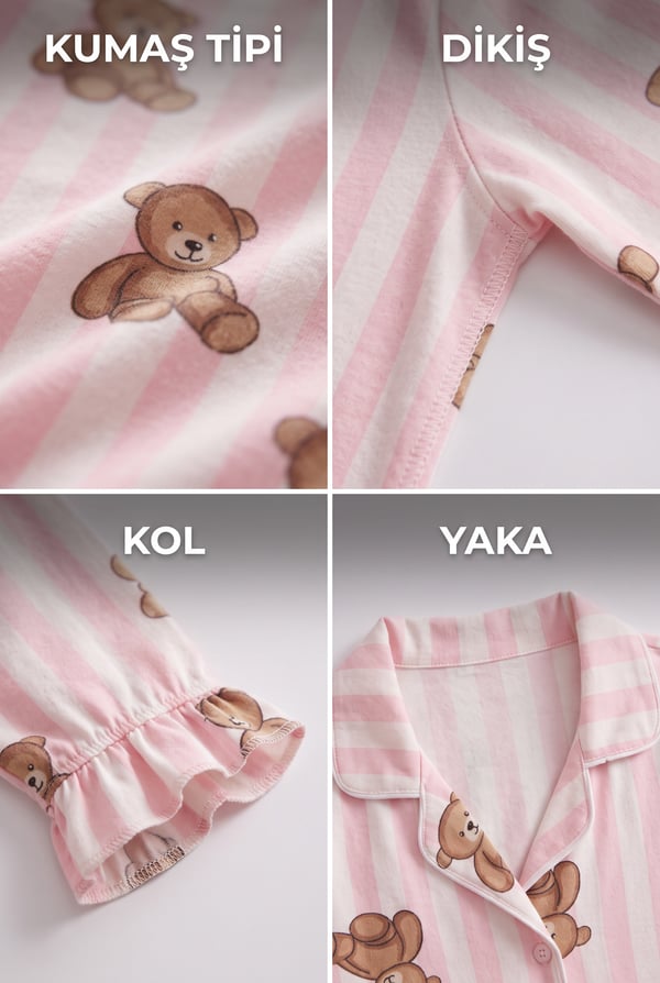 Kız Çocuk Çizgili Ayıcık Figürlü Yumuşak Doku Kumaş Pijama Takımı
