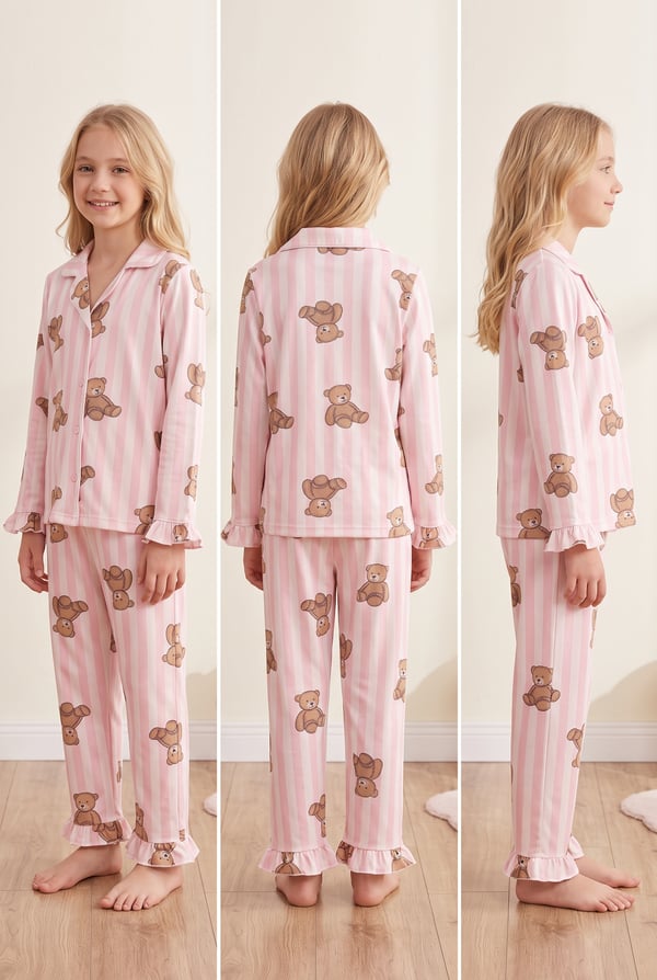 Kız Çocuk Çizgili Ayıcık Figürlü Yumuşak Doku Kumaş Pijama Takımı