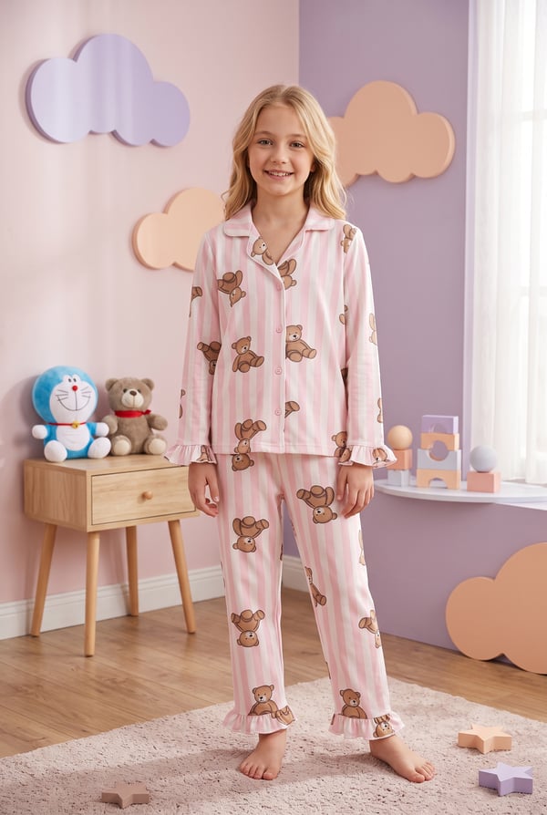Kız Çocuk Çizgili Ayıcık Figürlü Yumuşak Doku Kumaş Pijama Takımı