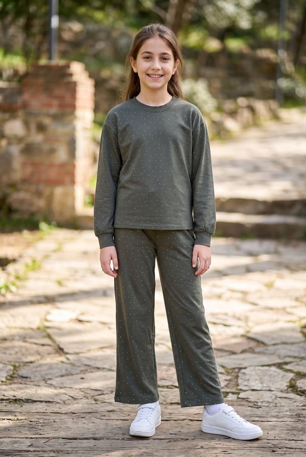 Kız Çocuk Işıltılı Taşlı Yumuşak Dokulu Sweatshirt 2'li Takım 2 İP