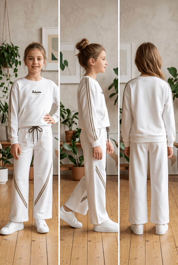 Kız Çocuk Krem Şeritli Sweatshirt Eşofman Altı İkili Takım 2 İP