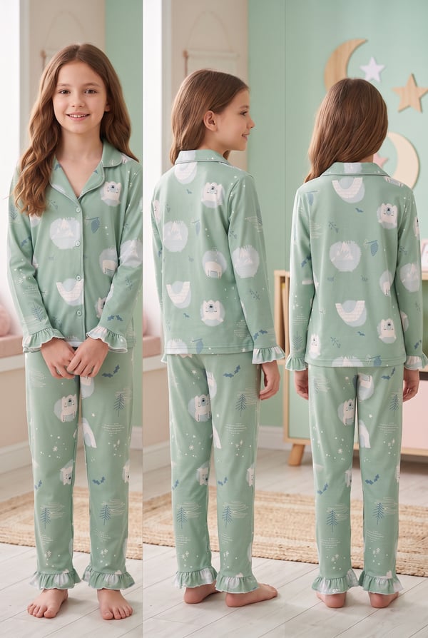 Kız Çocuk Pijama Takımı Gömlek Yaka Düğmeli Kutup Ayısı Figürlü Yumuşak Dokulu 2 İplik Kumaş