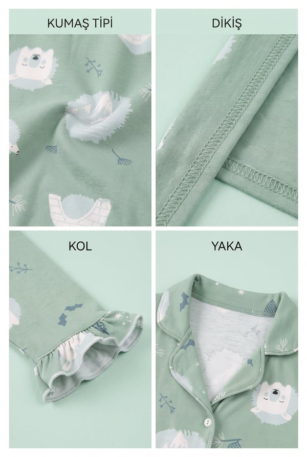 Kız Çocuk Pijama Takımı Gömlek Yaka Düğmeli Kutup Ayısı Figürlü Yumuşak Dokulu 2 İplik Kumaş