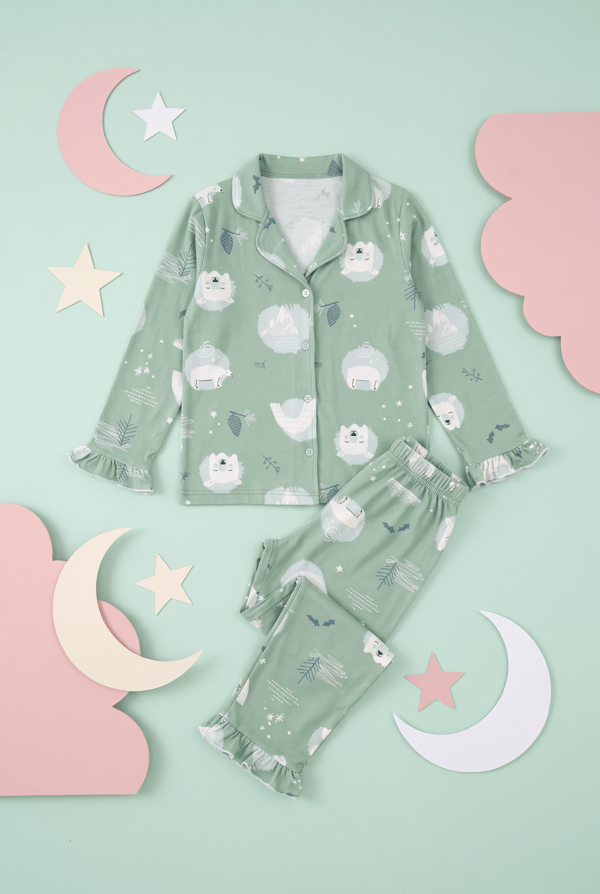 Kız Çocuk Pijama Takımı Gömlek Yaka Düğmeli Kutup Ayısı Figürlü Yumuşak Dokulu 2 İplik Kumaş
