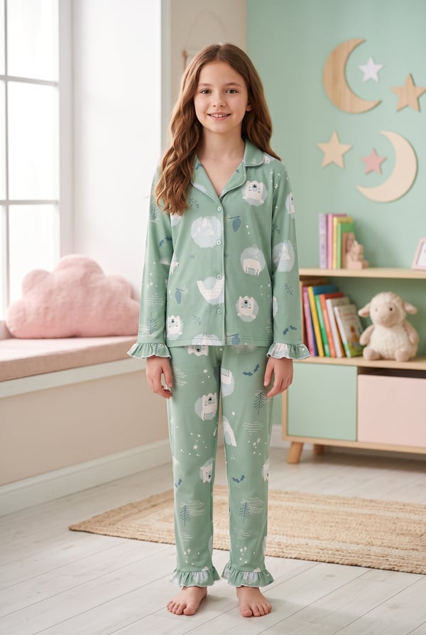Kız Çocuk Pijama Takımı Gömlek Yaka Düğmeli Kutup Ayısı Figürlü Yumuşak Dokulu 2 İplik Kumaş