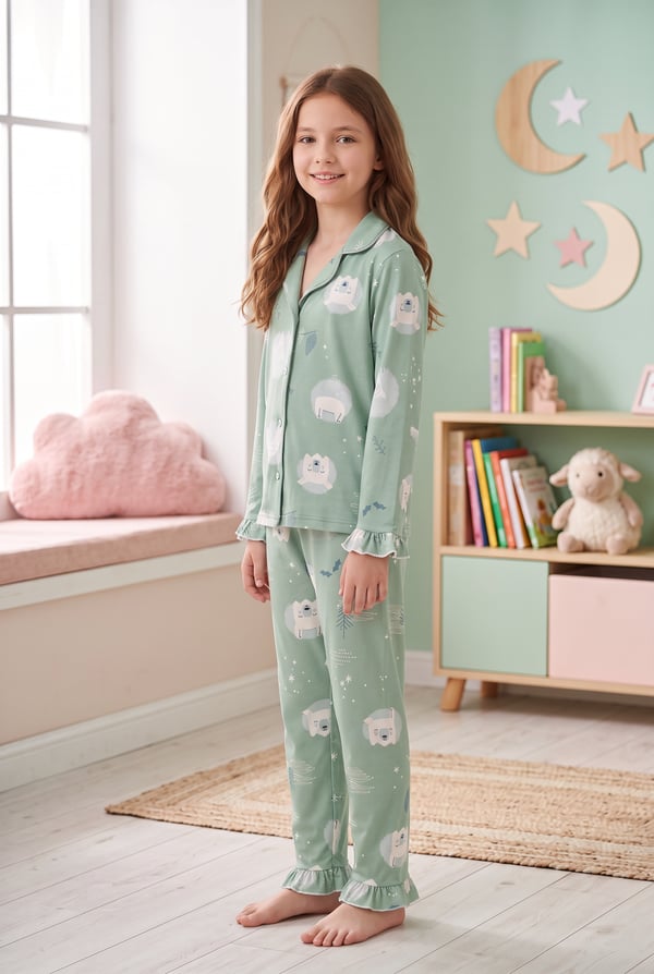 Kız Çocuk Pijama Takımı Gömlek Yaka Düğmeli Kutup Ayısı Figürlü Yumuşak Dokulu 2 İplik Kumaş
