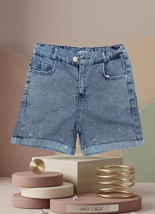 Kız Çocuk Taş İşlemeli Lastikli Denim Kot Şort