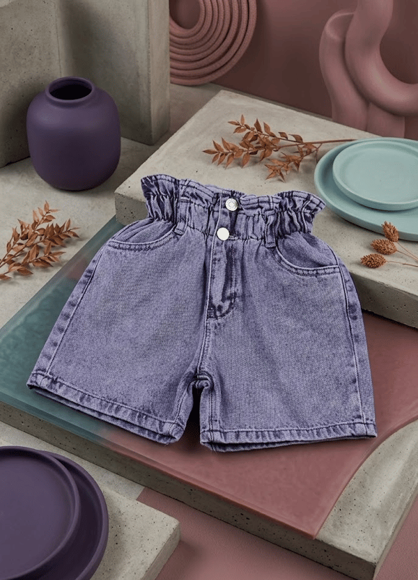 Kız Çocuk Yüksek Büzgülü Bel Çift Düğmeli Kar Yıkama Denim Şort