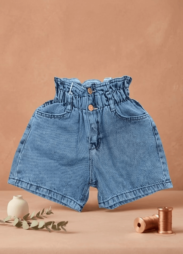 Kız Çocuk Yüksek Büzgülü Bel Çift Düğmeli Denim Şort