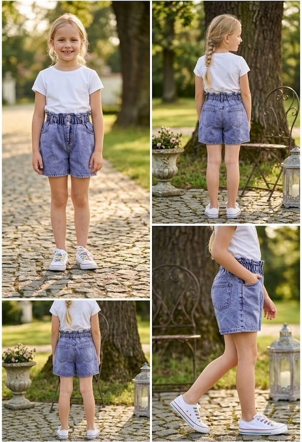 Kız Çocuk Yüksek Büzgülü Bel Çift Düğmeli Kar Yıkama Denim Şort