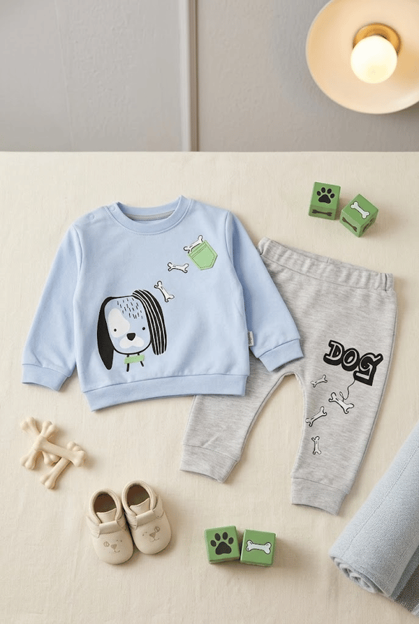Köpek Baskılı Omuzdan Çıtçıtlı Erkek Bebek Takım