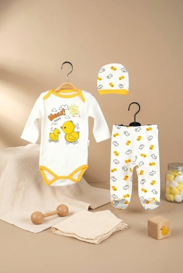Ördek Baskılı Uzun Kollu Body Patikli Pantolon ve Şapka 3'lü Takım