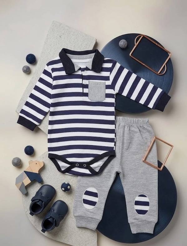 Polo Yaka Çizgili Erkek Bebek Çıtçıtlı Takım