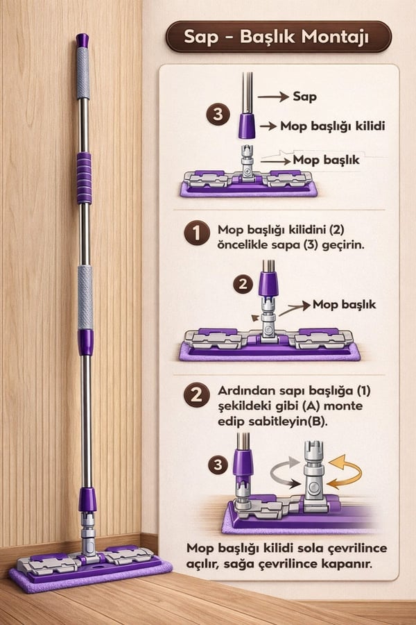 ( 1 Adet Yedek Bez Hediyeli ) Yer Mopu Fayans Duvar Yüzey Temizlik Mikrofiber Mandallı Mop