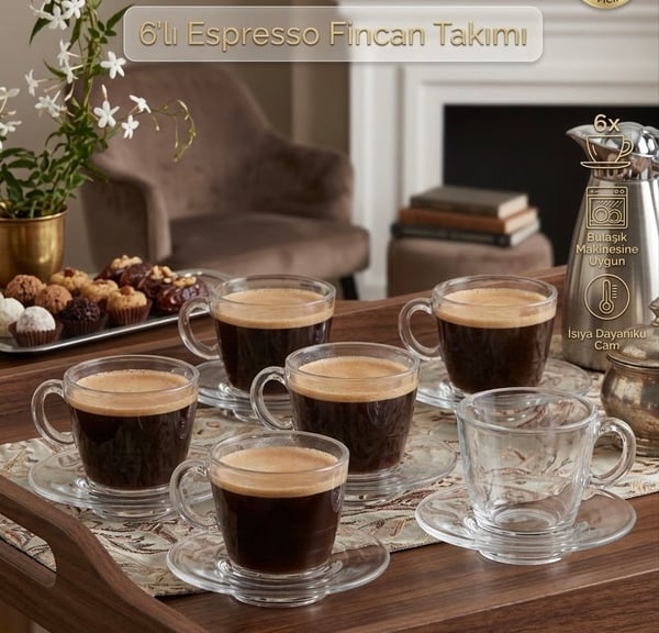 ☕ 6'lı Cam Espresso Fincan Takımı – Şık Sunum, Keyifli Kahve Anları