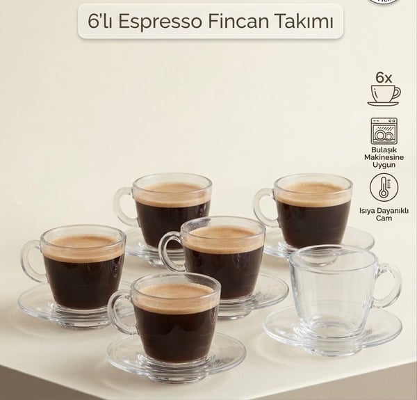 ☕ 6'lı Cam Espresso Fincan Takımı – Şık Sunum, Keyifli Kahve Anları
