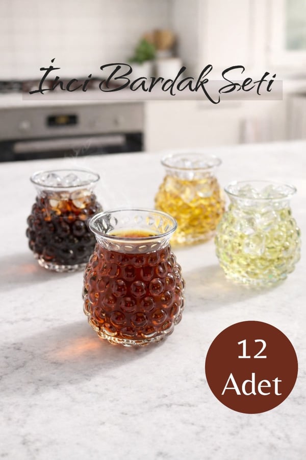 12’li 200 ML Borosilikat Desenli Cam İnci Bardak Seti Isıya Dayanıklı Şeffaf KW-722