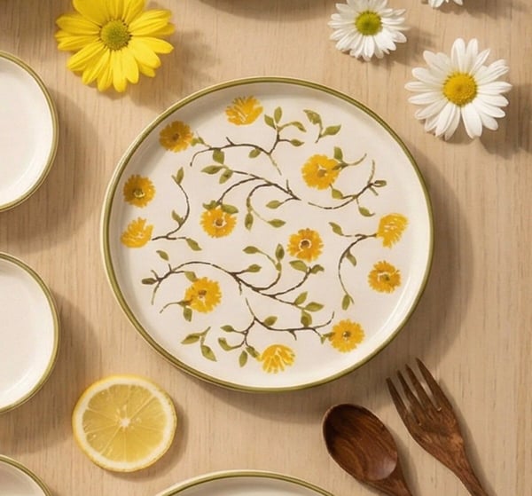 14 Parça Sarı Çiçek Desenli Yemek Takımı – Gold Detaylı Şık Sofra Seti, Zarif Servis Takımı