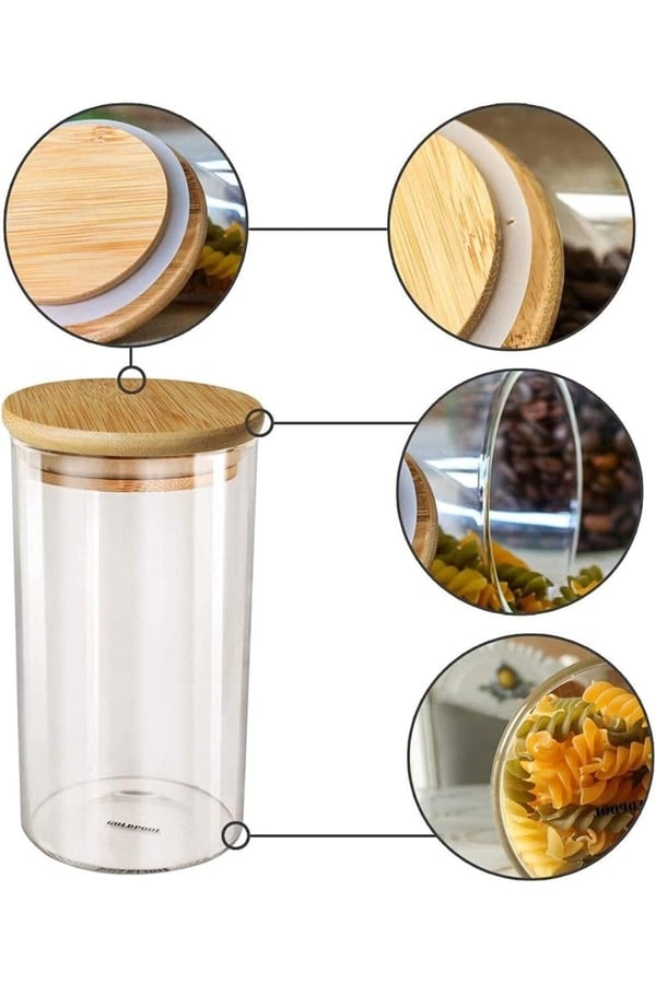 3'lü 1300 Ml Bambu Kapaklı Cam Kavanoz, Şeffaf Hava Geçirmez Gıda Saklama Kabı Kavanozu