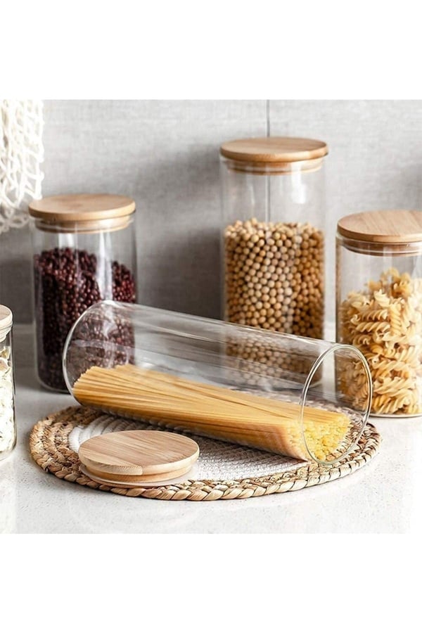 3'lü 1300 Ml Bambu Kapaklı Cam Kavanoz, Şeffaf Hava Geçirmez Gıda Saklama Kabı Kavanozu